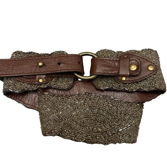 Jasper and Jeera beaded wide belt silver brown leather gold buckle small